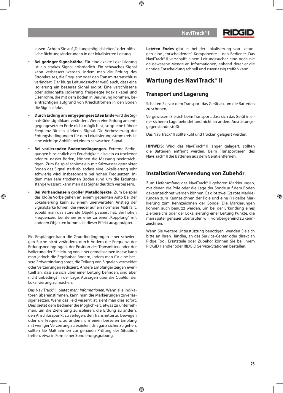 Wartung des navitrack® ii, Transport und lagerung, Installation/verwendung von zubehör | RIDGID NaviTrack II User Manual | Page 53 / 394