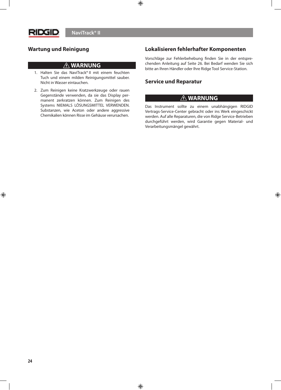 Warnung | RIDGID NaviTrack II User Manual | Page 54 / 394