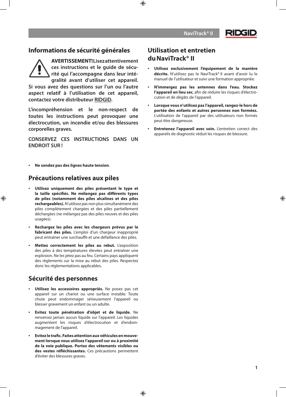 Informations de sécurité générales, Précautions relatives aux piles, Sécurité des personnes | Utilisation et entretien du navitrack® ii | RIDGID NaviTrack II User Manual | Page 59 / 394