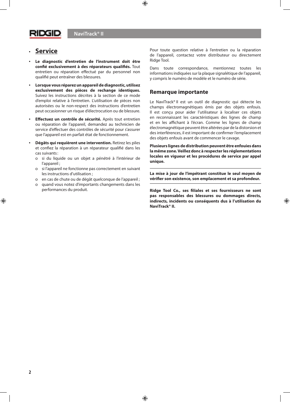 Service, Remarque importante | RIDGID NaviTrack II User Manual | Page 60 / 394