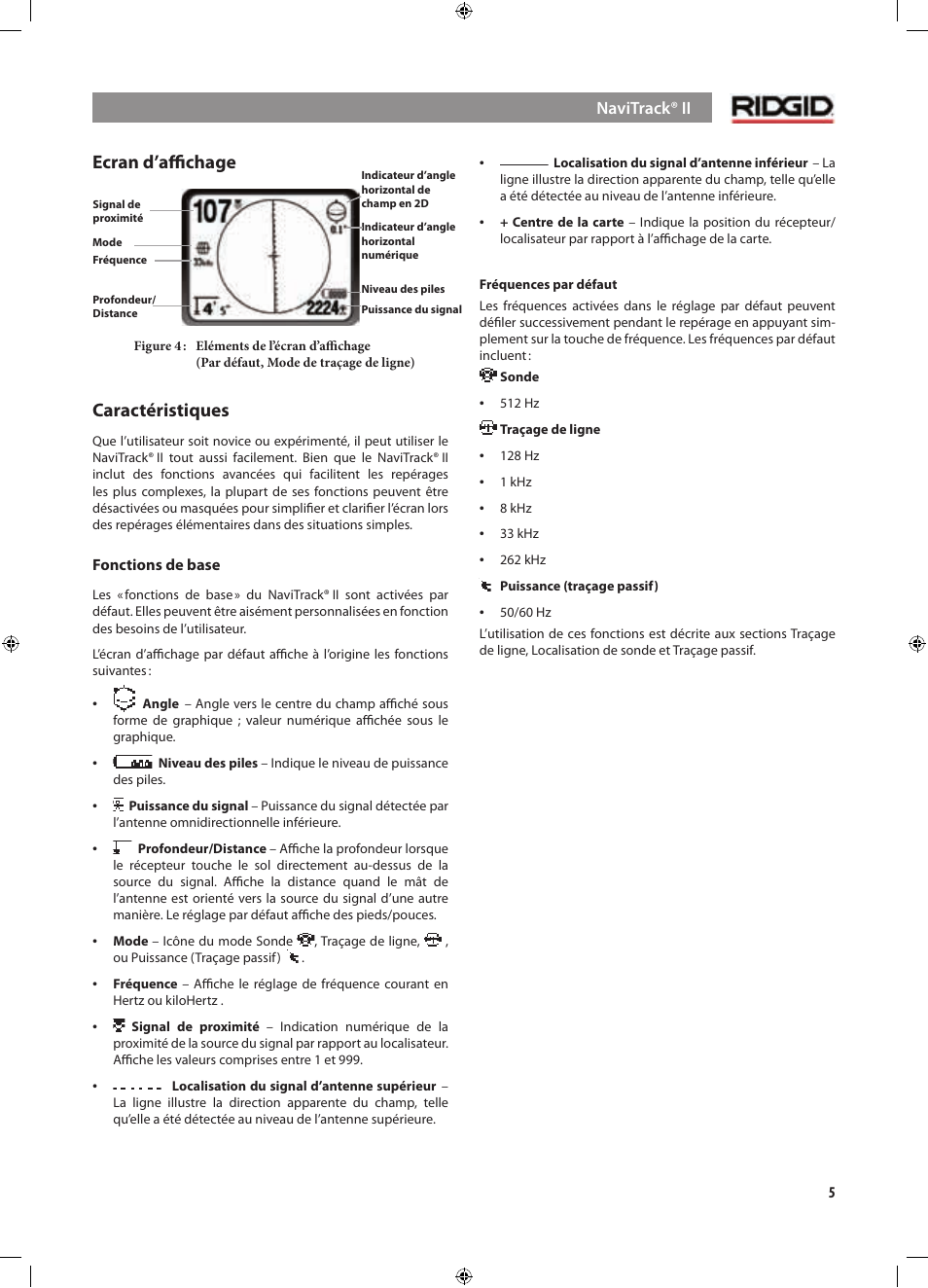 Ecran d’aﬃchage, Caractéristiques | RIDGID NaviTrack II User Manual | Page 63 / 394