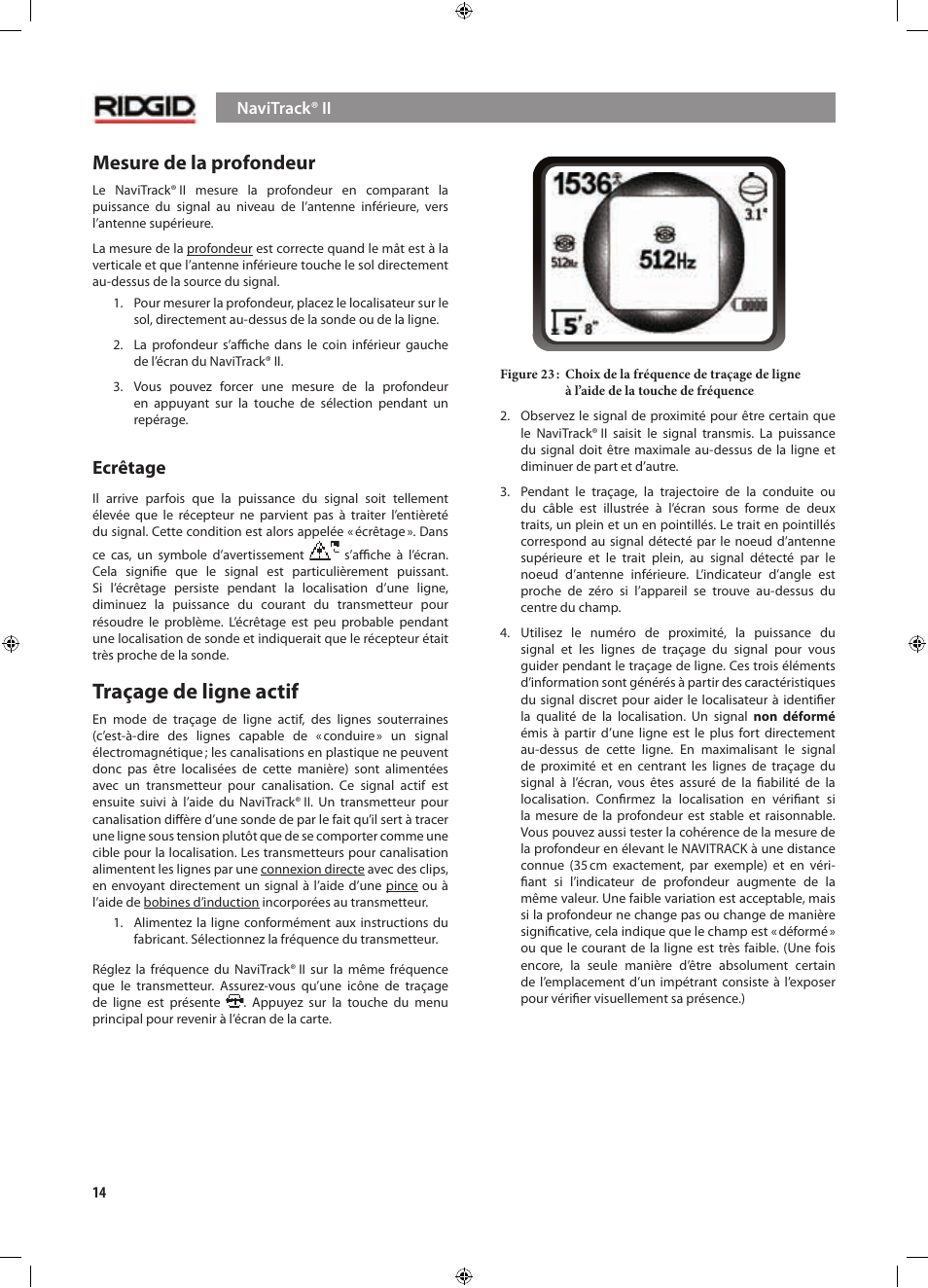 Traçage de ligne actif, Mesure de la profondeur, Ecrêtage | RIDGID NaviTrack II User Manual | Page 72 / 394