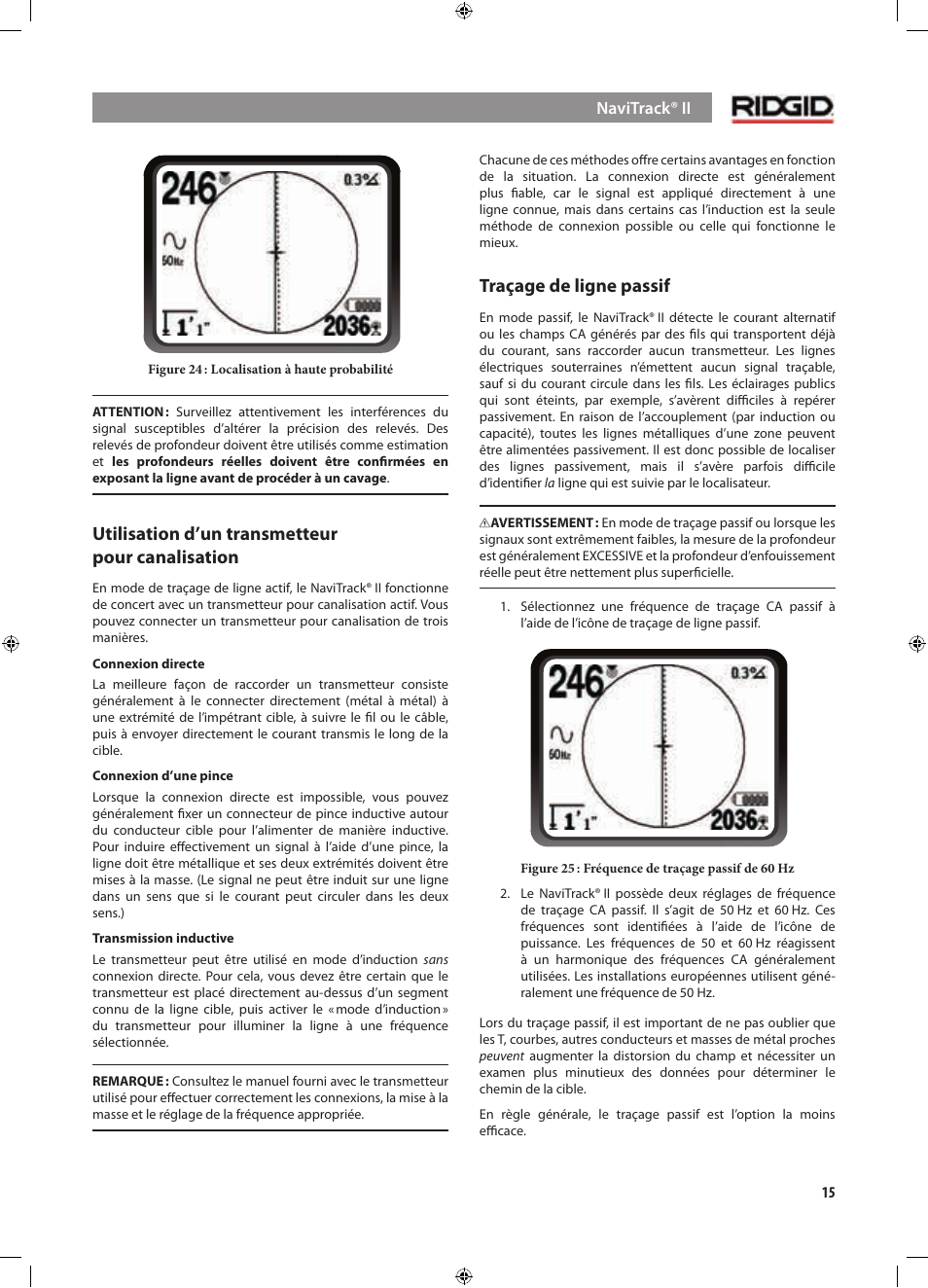 Utilisation d’un transmetteur pour canalisation, Traçage de ligne passif | RIDGID NaviTrack II User Manual | Page 73 / 394