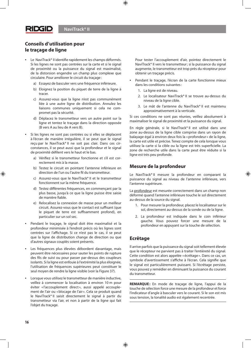 Conseils d’utilisation pour le traçage de ligne, Mesure de la profondeur, Ecrêtage | RIDGID NaviTrack II User Manual | Page 74 / 394