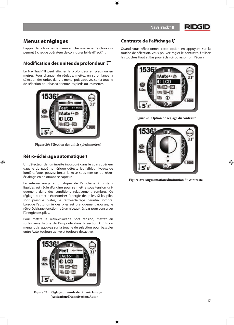 Menus et réglages, Modiﬁcation des unités de profondeur, Rétro-éclairage automatique | Contraste de l’aﬃchage | RIDGID NaviTrack II User Manual | Page 75 / 394