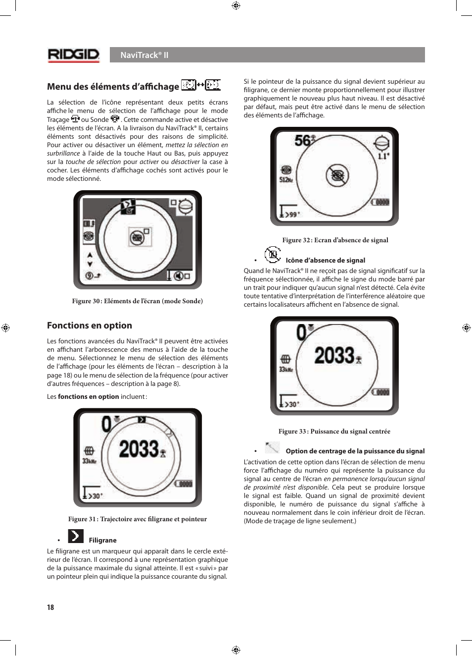 Menu des éléments d’aﬃchage, Fonctions en option | RIDGID NaviTrack II User Manual | Page 76 / 394