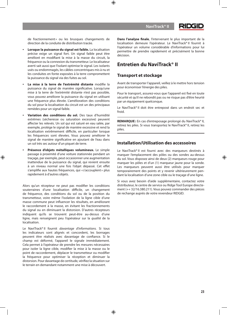 Entretien du navitrack® ii, Transport et stockage, Installation/utilisation des accessoires | RIDGID NaviTrack II User Manual | Page 81 / 394