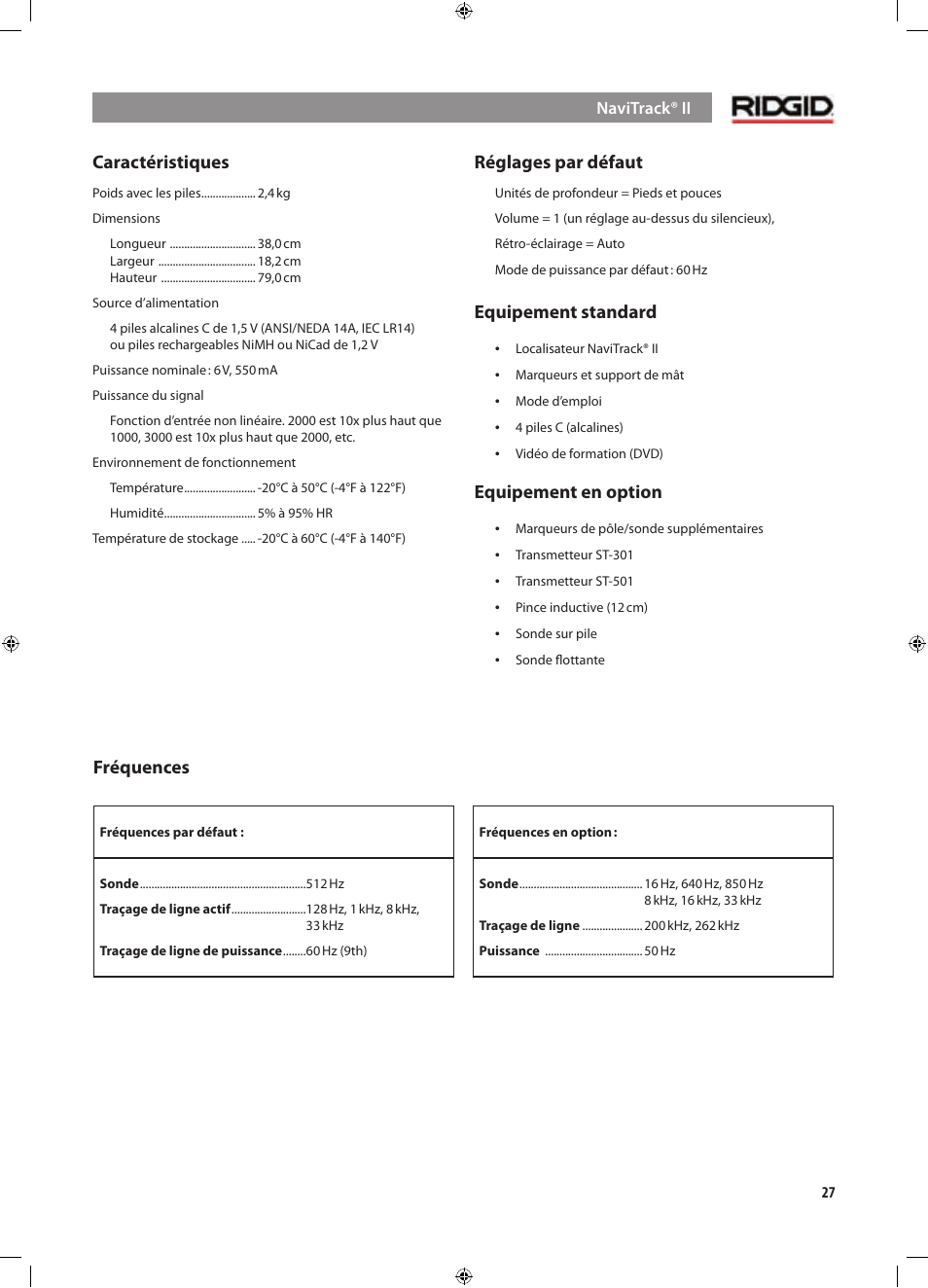 Caractéristiques, Réglages par défaut, Equipement standard | Equipement en option, Fréquences | RIDGID NaviTrack II User Manual | Page 85 / 394