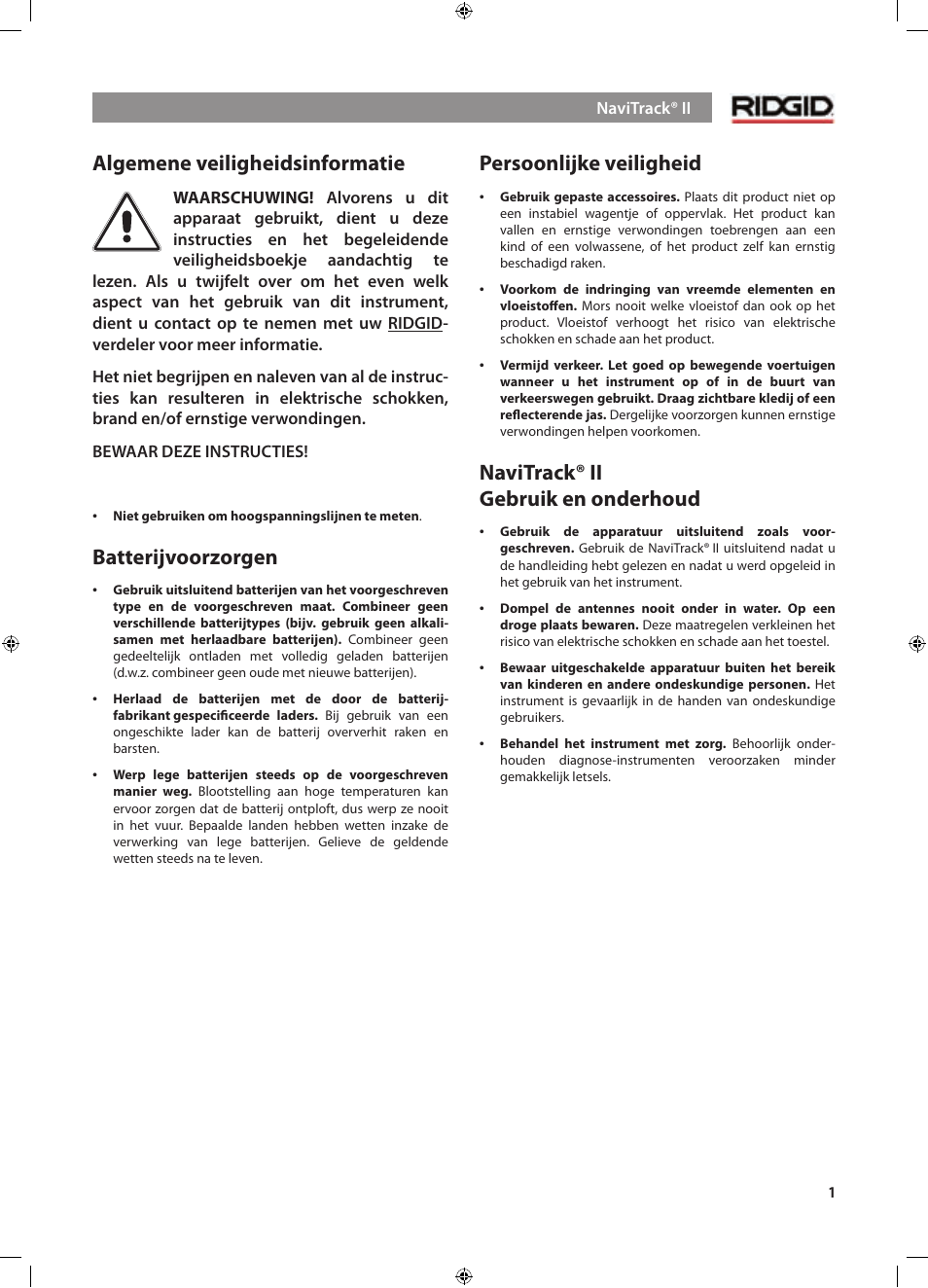 Algemene veiligheidsinformatie, Batterijvoorzorgen, Persoonlijke veiligheid | Navitrack® ii gebruik en onderhoud | RIDGID NaviTrack II User Manual | Page 87 / 394