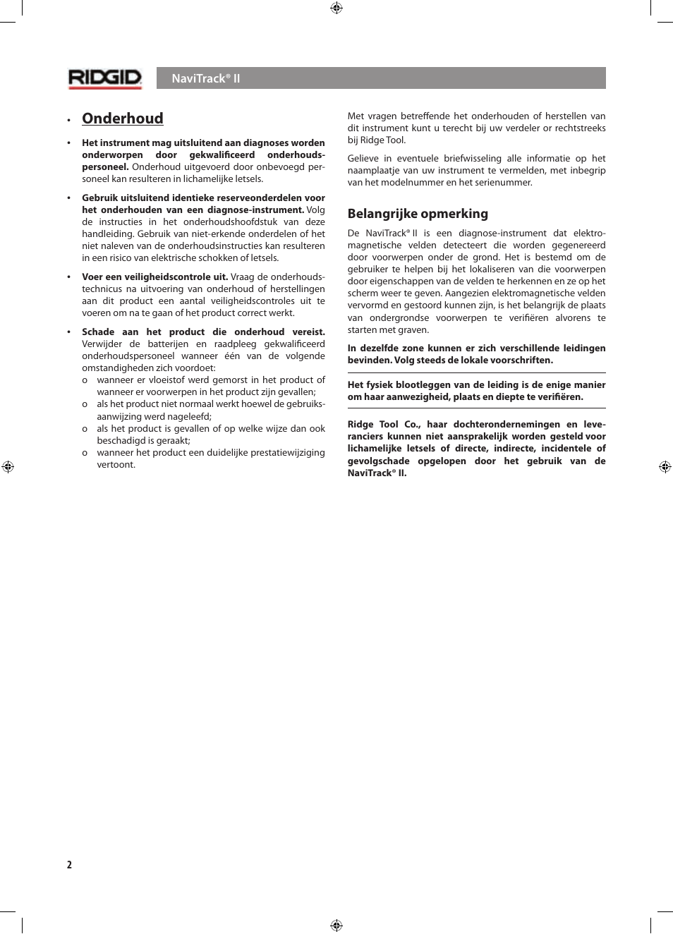 Onderhoud, Belangrijke opmerking | RIDGID NaviTrack II User Manual | Page 88 / 394
