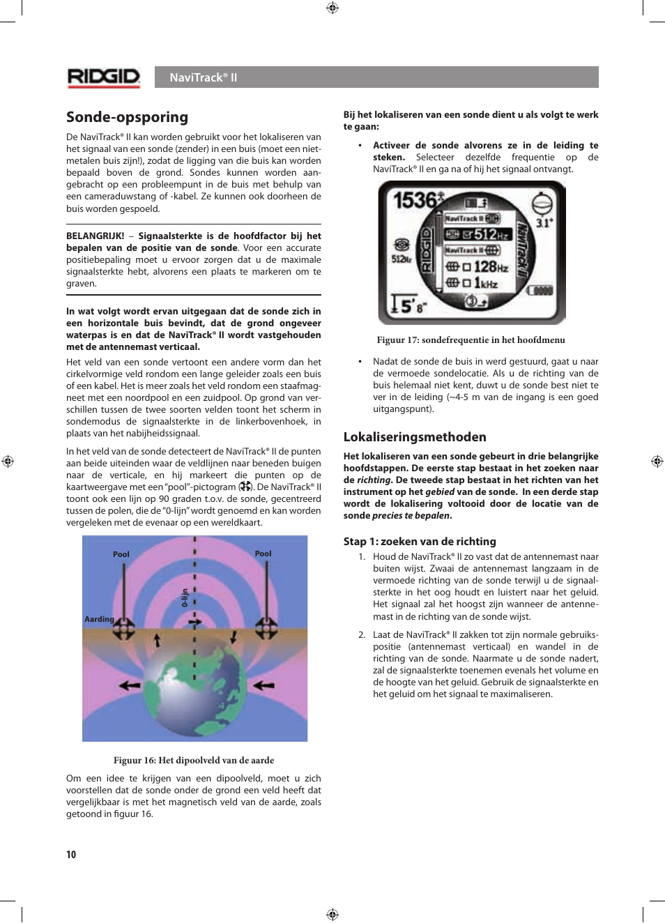 Sonde-opsporing, Lokaliseringsmethoden | RIDGID NaviTrack II User Manual | Page 96 / 394