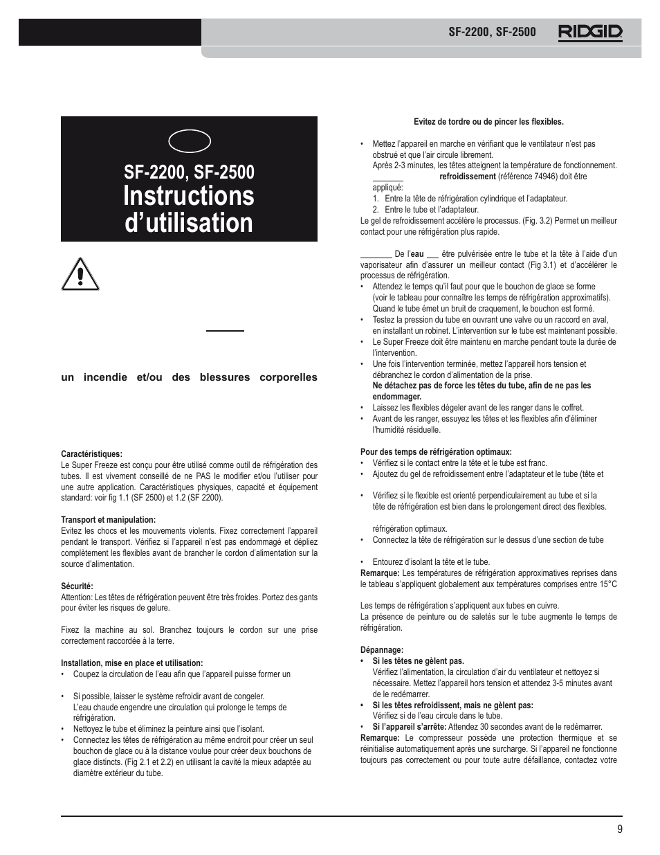 Instructions d’utilisation | RIDGID SF-2500 User Manual | Page 10 / 75