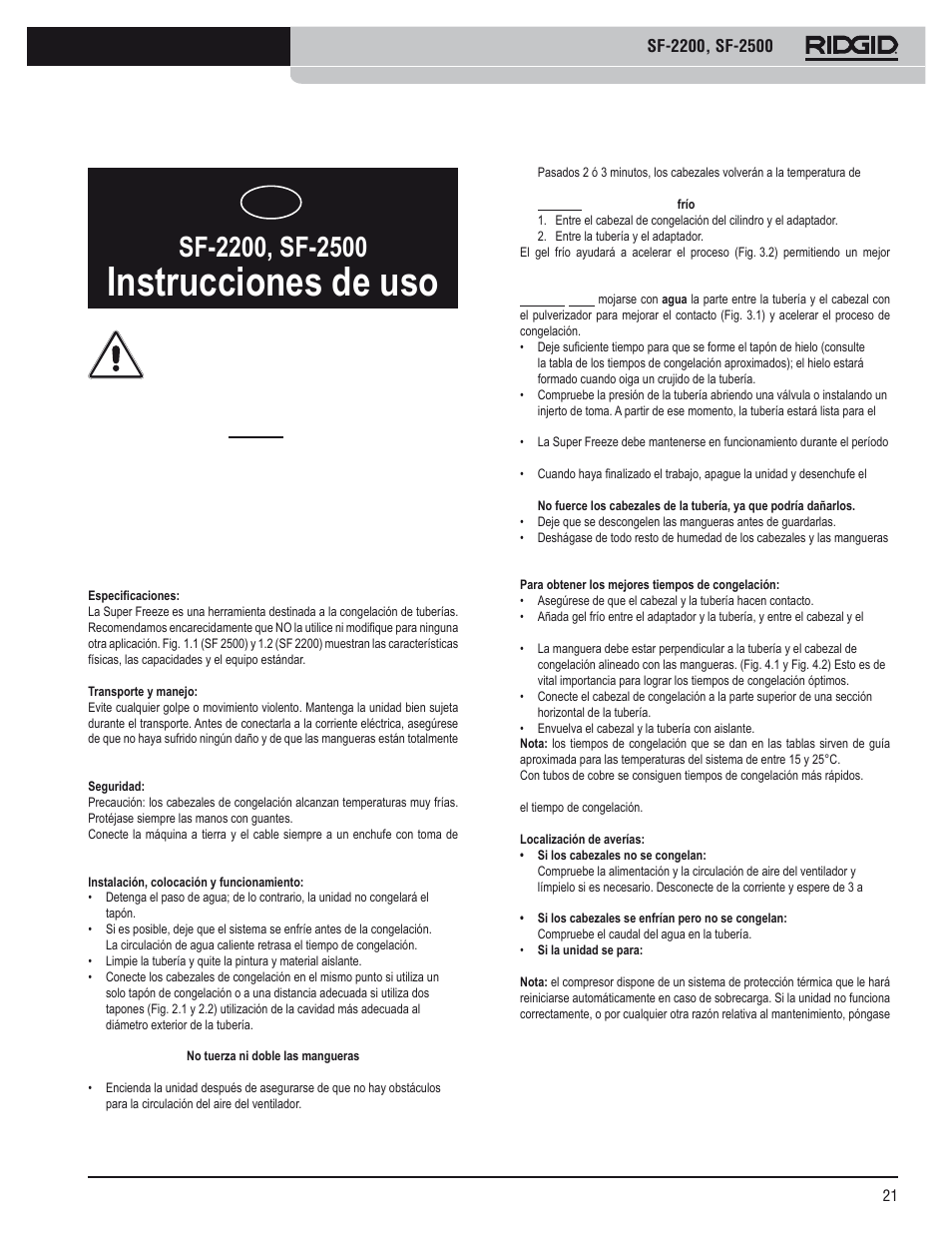 Instrucciones de uso | RIDGID SF-2500 User Manual | Page 22 / 75