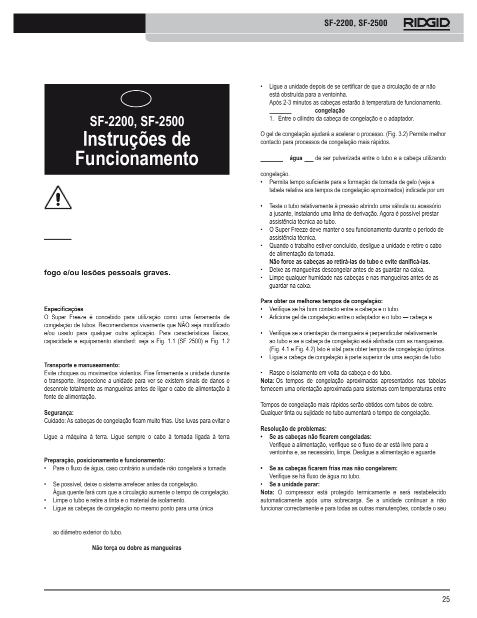 Instruções de funcionamento | RIDGID SF-2500 User Manual | Page 26 / 75