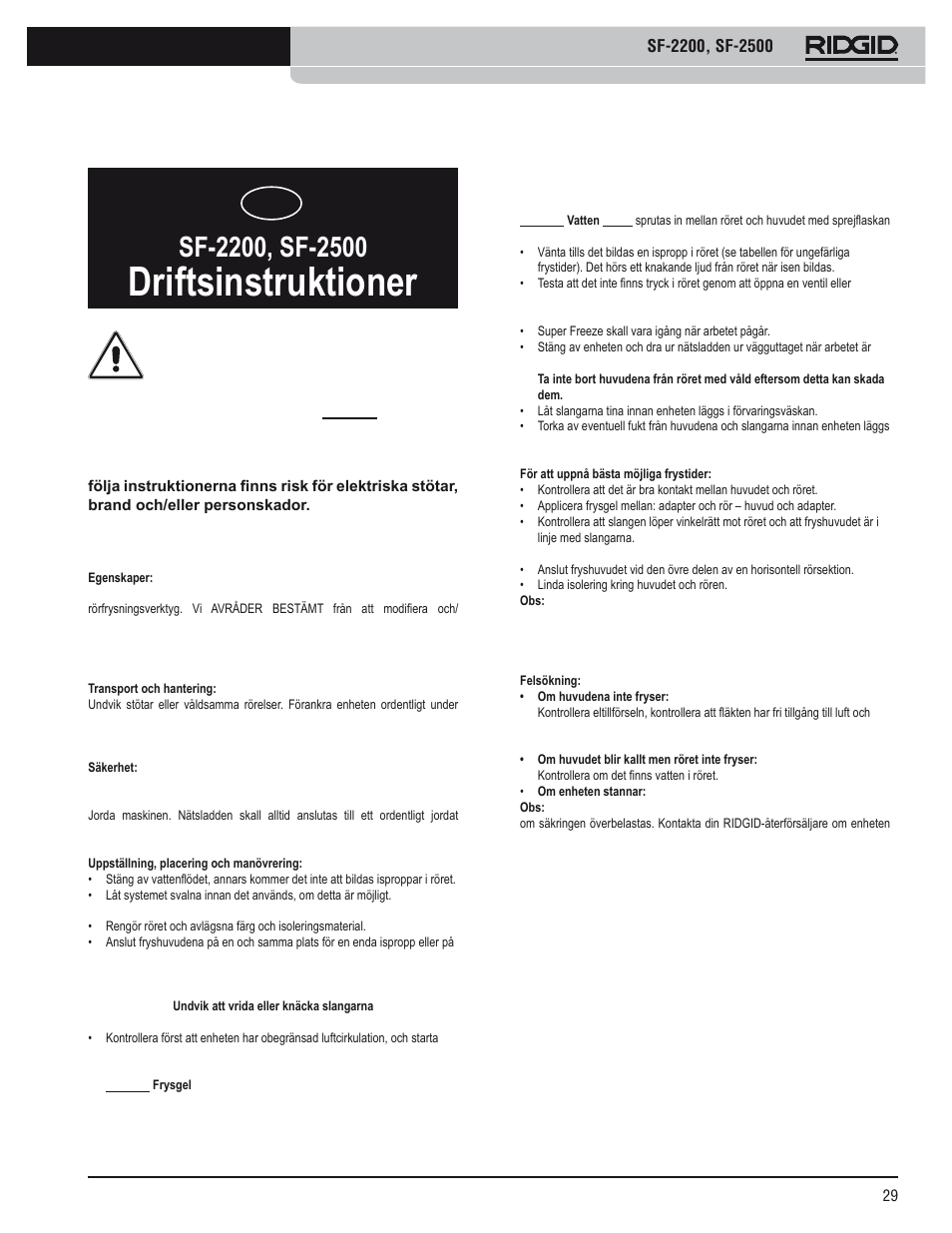 Driftsinstruktioner | RIDGID SF-2500 User Manual | Page 30 / 75