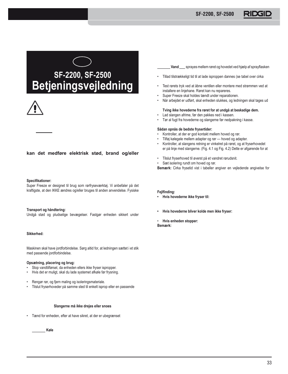 Betjeningsvejledning | RIDGID SF-2500 User Manual | Page 34 / 75