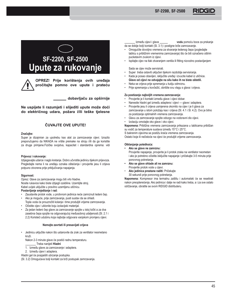 Upute za rukovanje | RIDGID SF-2500 User Manual | Page 46 / 75