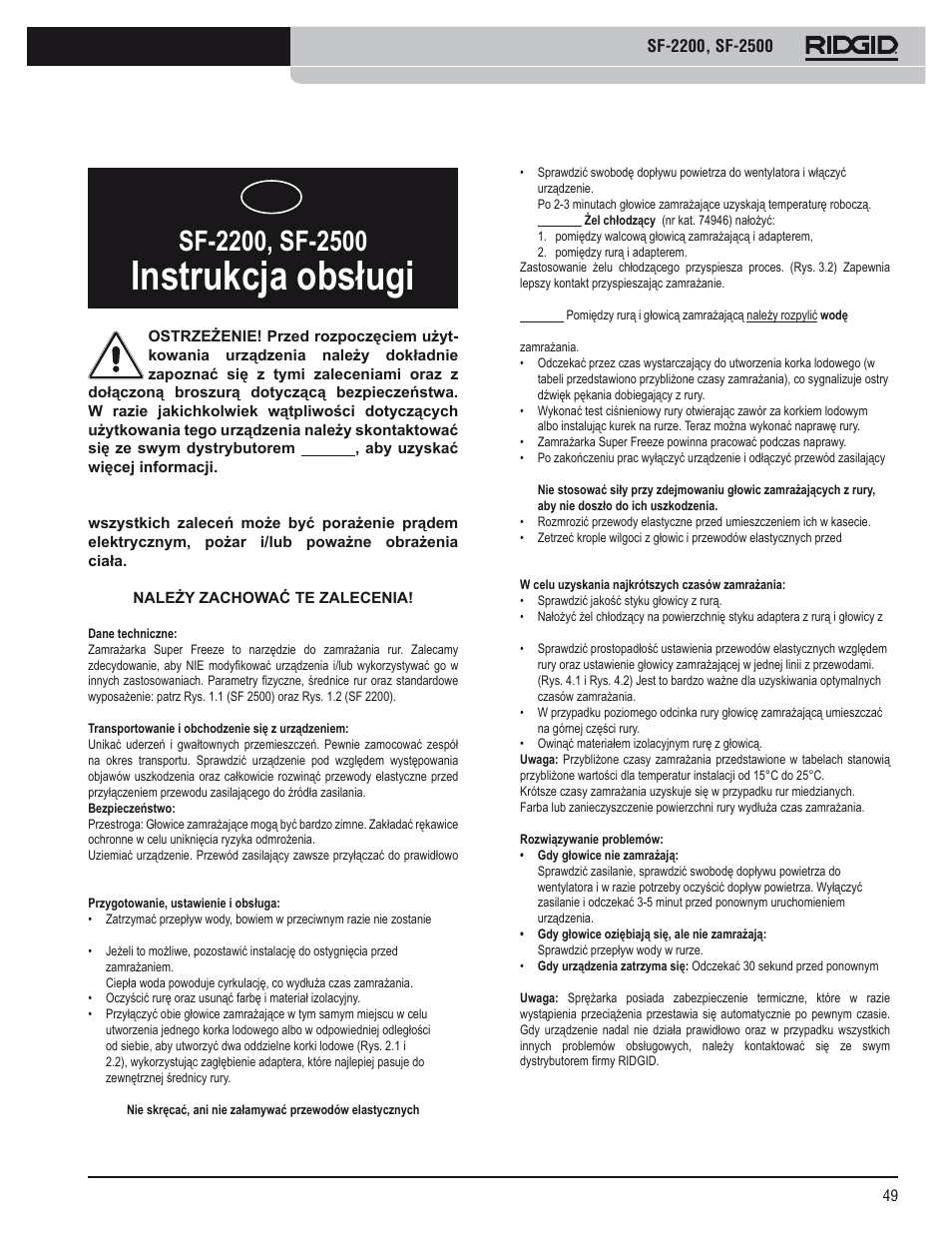 Instrukcja obsługi | RIDGID SF-2500 User Manual | Page 50 / 75