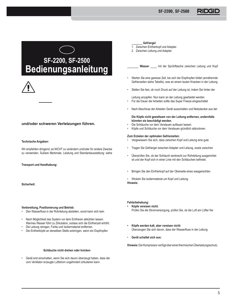 Bedienungsanleitung | RIDGID SF-2500 User Manual | Page 6 / 75