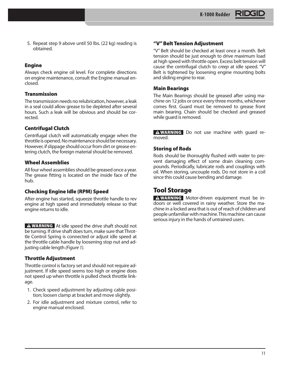 Tool storage | RIDGID K-1000 User Manual | Page 11 / 66