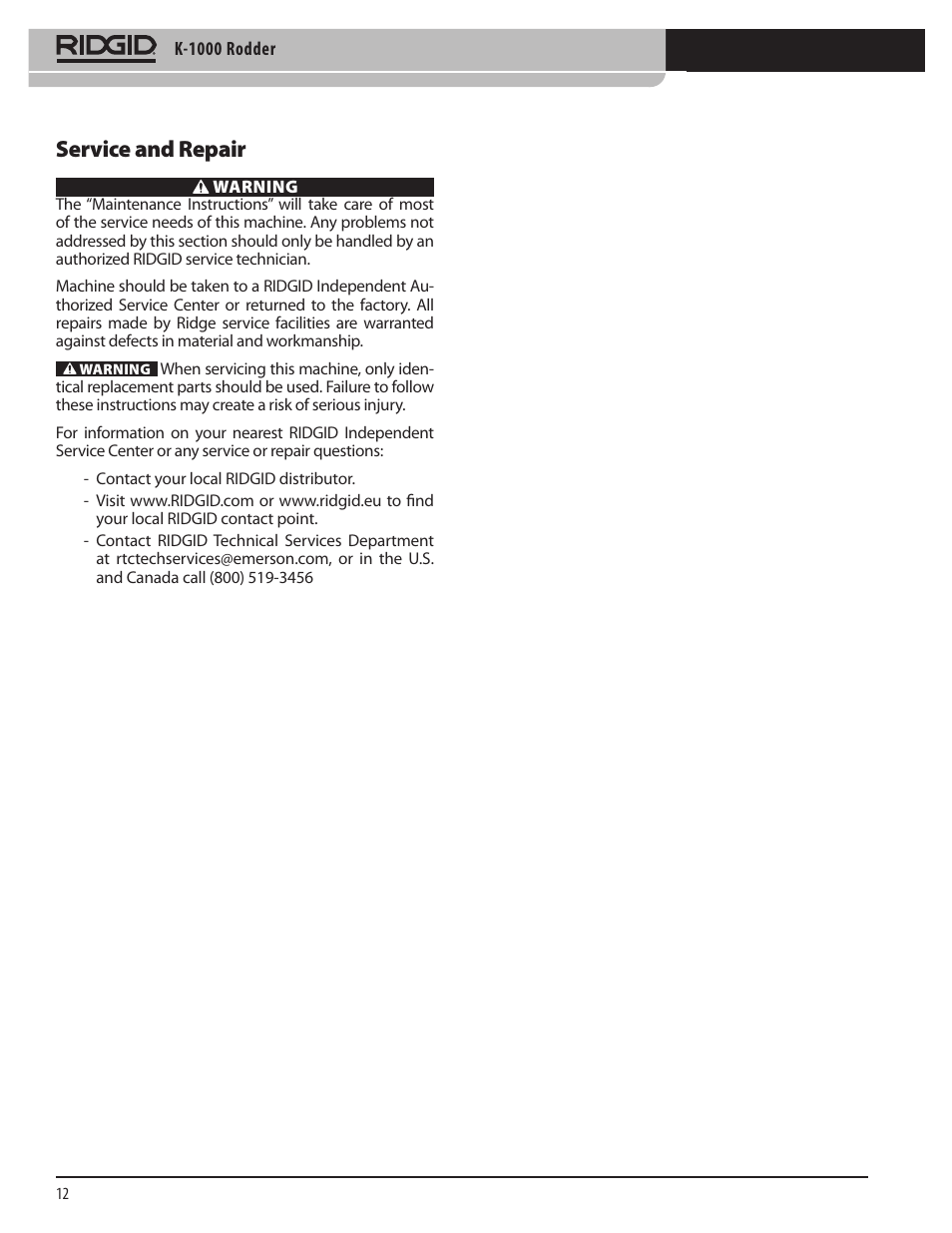 Service and repair | RIDGID K-1000 User Manual | Page 12 / 66