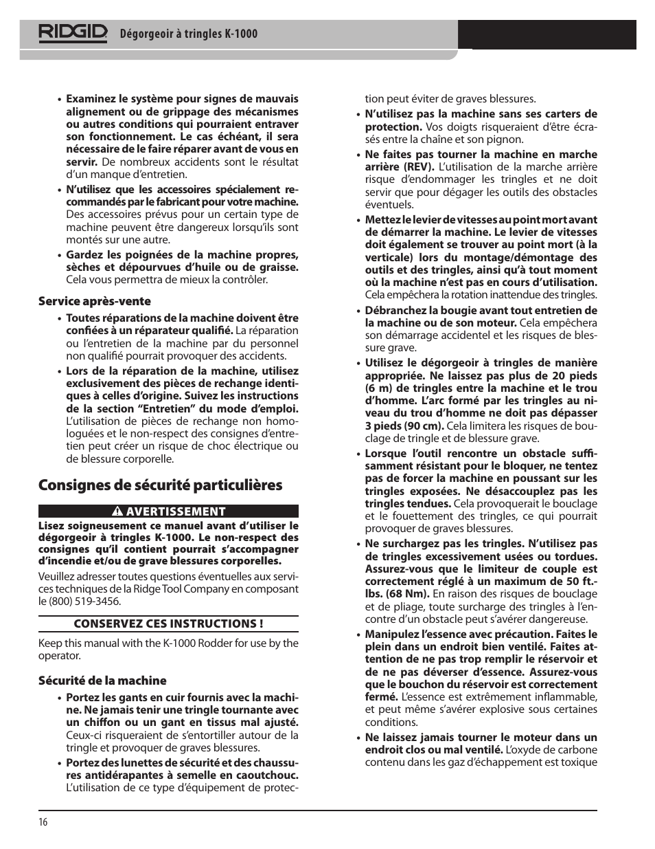 Consignes de sécurité particulières | RIDGID K-1000 User Manual | Page 16 / 66