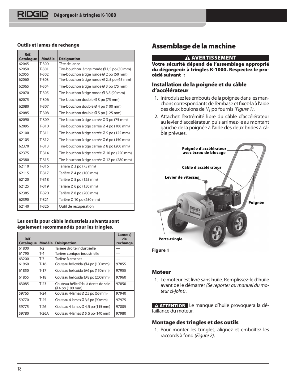 Assemblage de la machine, Dégorgeoir à tringles k-1000, Avertissement | Moteur, Montage des tringles et des outils | RIDGID K-1000 User Manual | Page 18 / 66