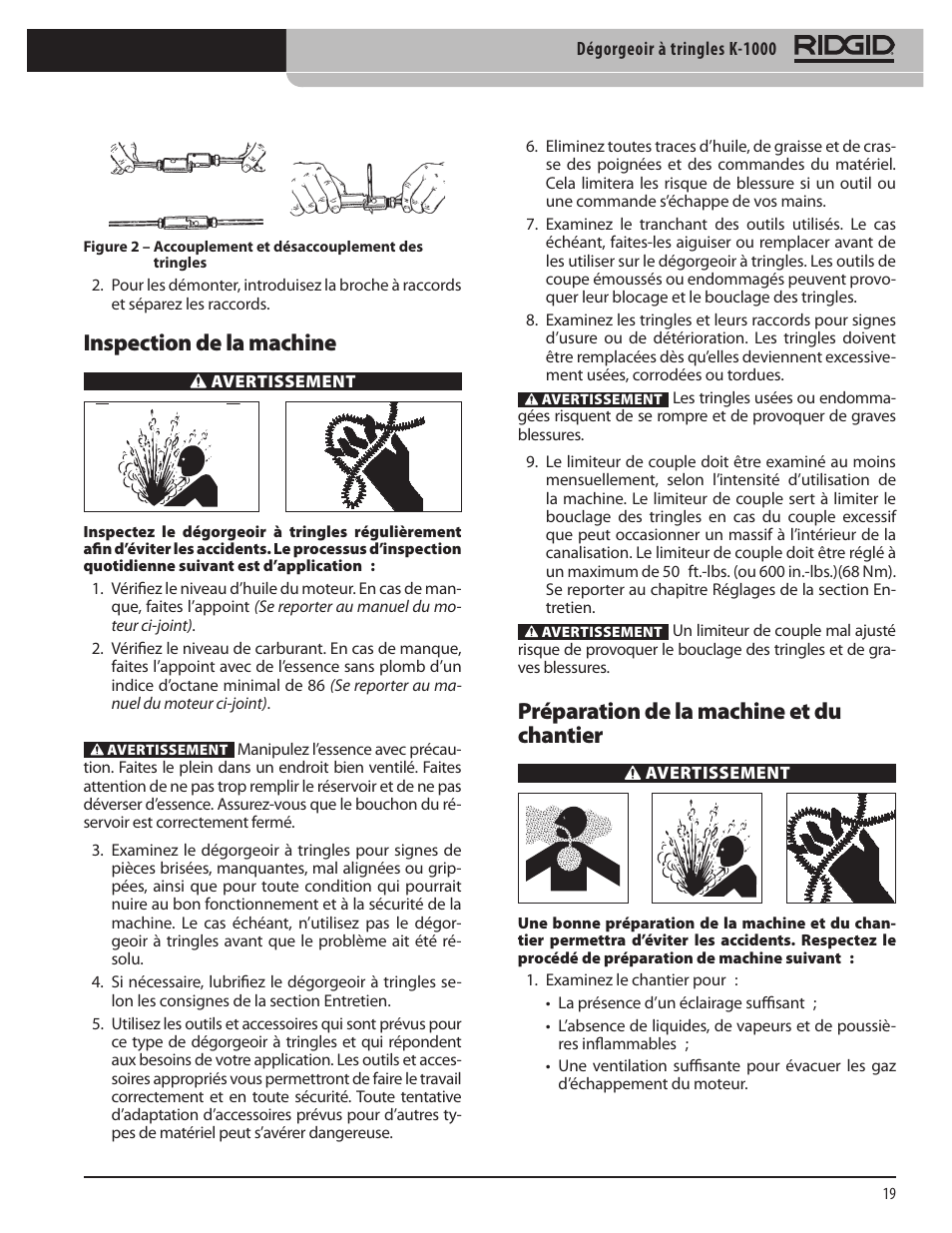 Préparation de la machine et du chantier, Inspection de la machine | RIDGID K-1000 User Manual | Page 19 / 66