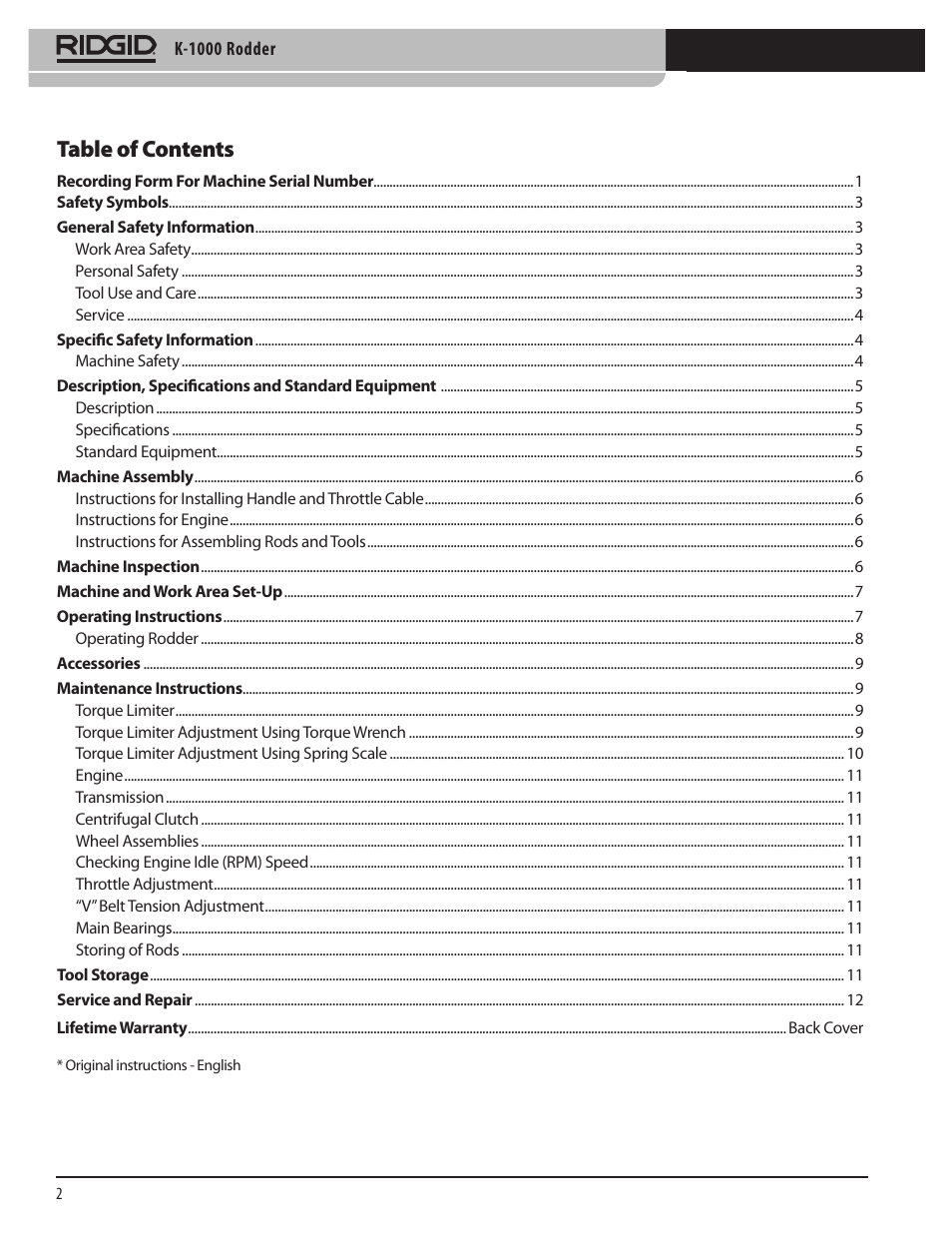 RIDGID K-1000 User Manual | Page 2 / 66