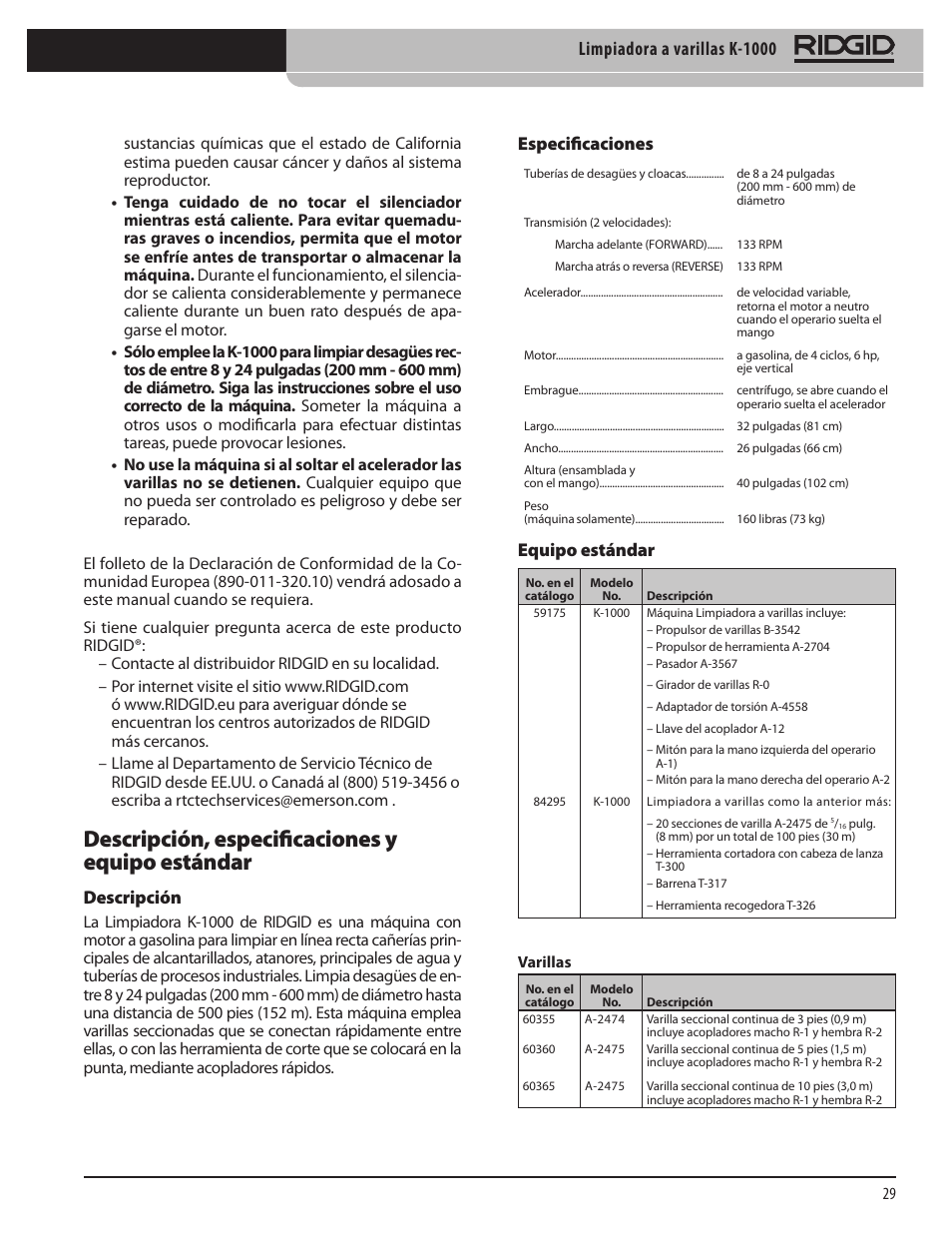 Descripción, especificaciones y equipo estándar, Limpiadora a varillas k-1000, Especificaciones | Equipo estándar, Descripción | RIDGID K-1000 User Manual | Page 29 / 66