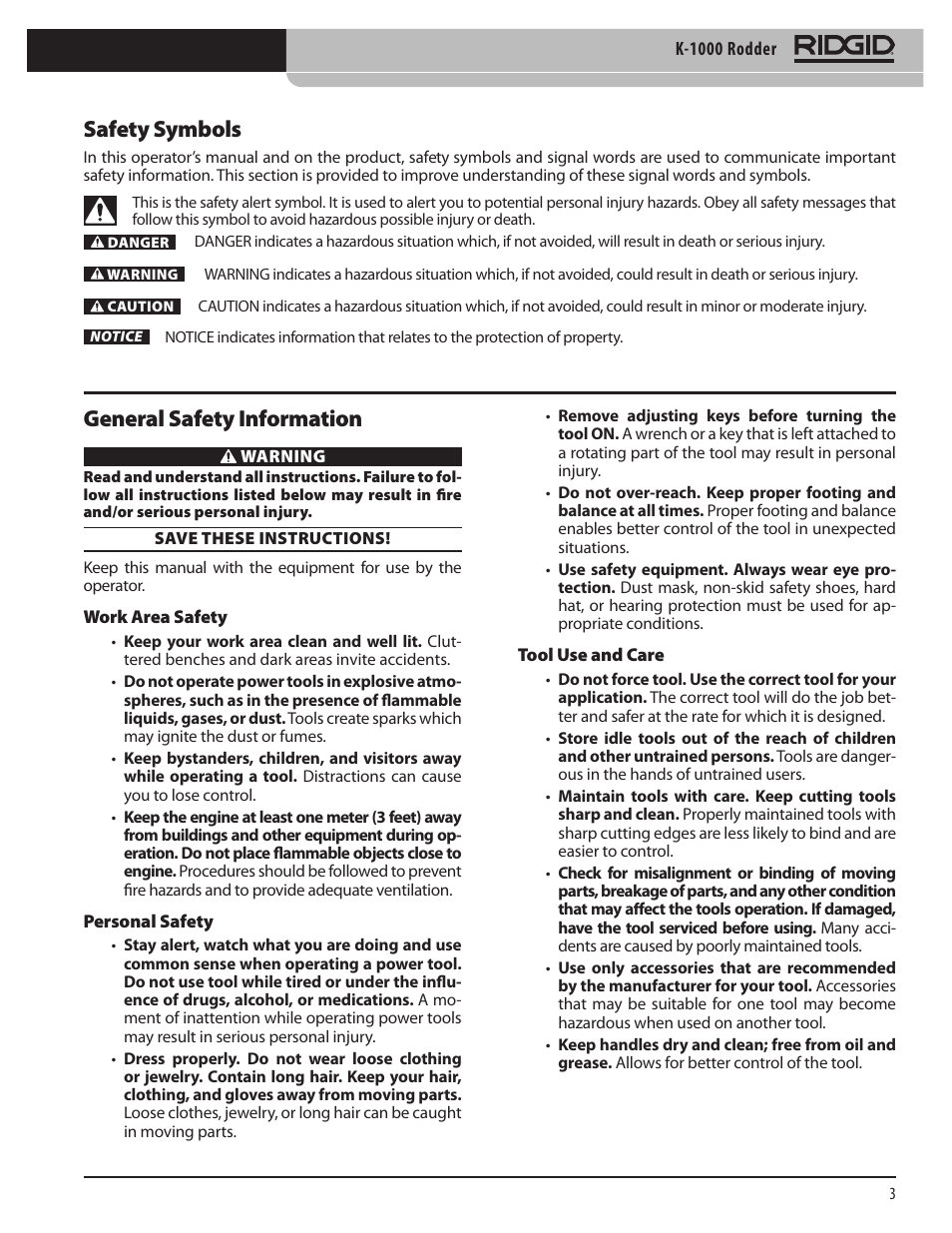 Safety symbols, General safety information | RIDGID K-1000 User Manual | Page 3 / 66