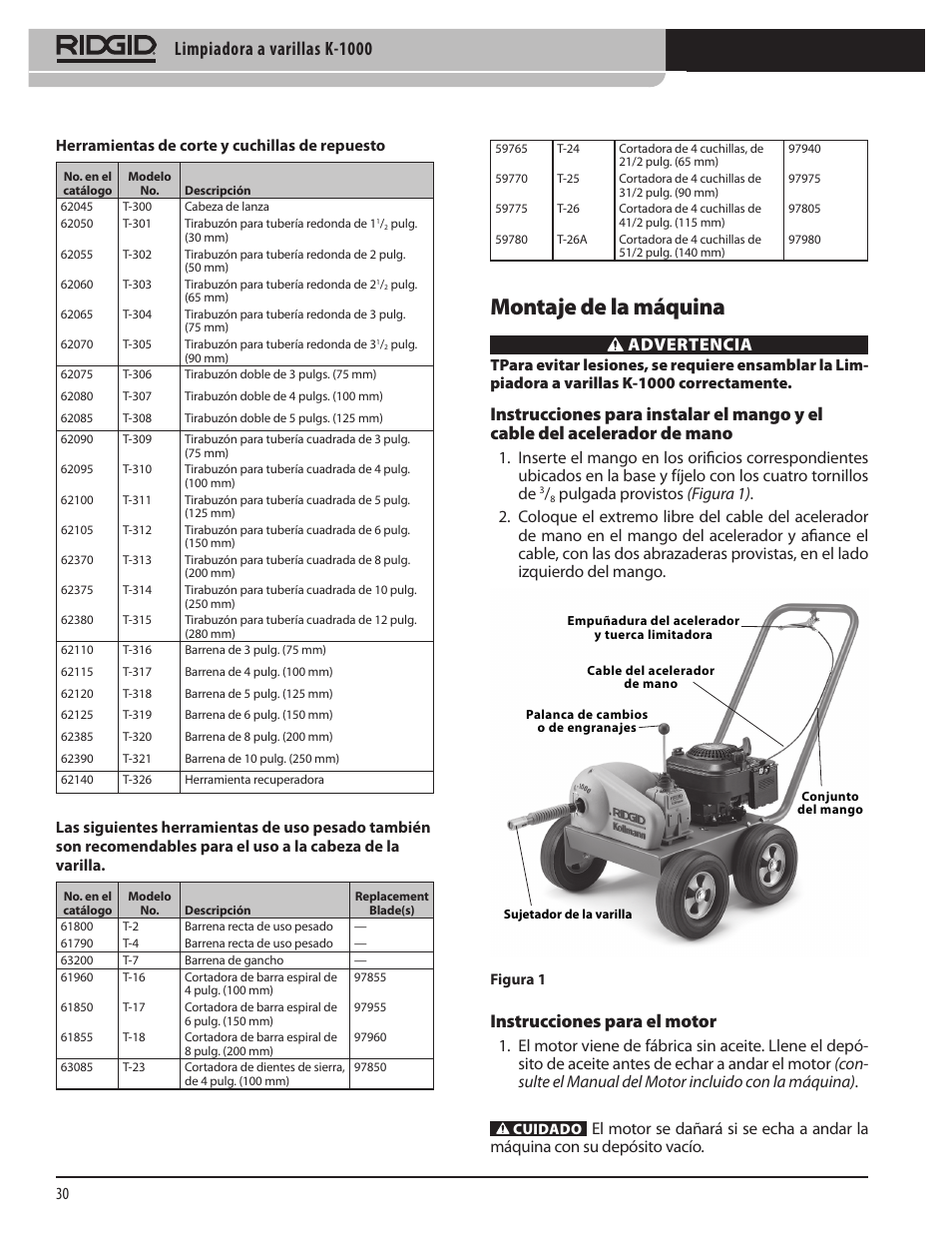 Montaje de la máquina, Limpiadora a varillas k-1000, Advertencia | Instrucciones para el motor | RIDGID K-1000 User Manual | Page 30 / 66