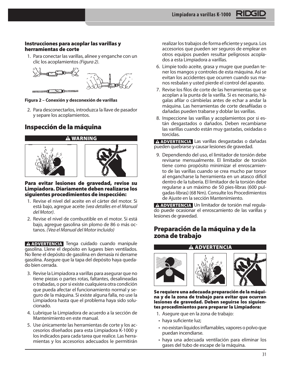 Preparación de la máquina y de la zona de trabajo, Inspección de la máquina | RIDGID K-1000 User Manual | Page 31 / 66