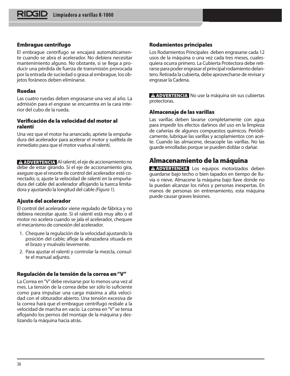 Almacenamiento de la máquina | RIDGID K-1000 User Manual | Page 36 / 66