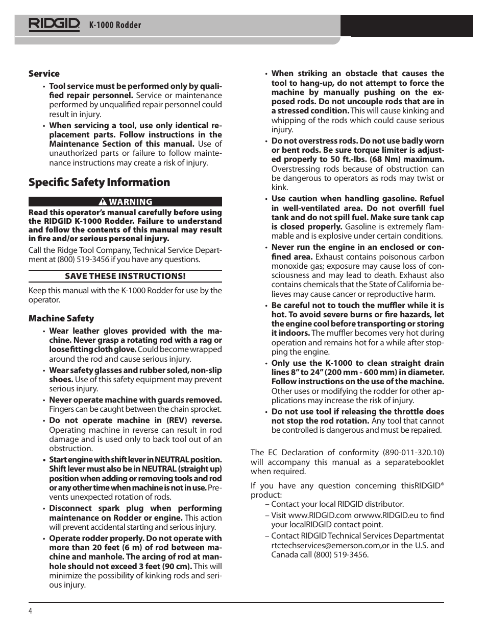 Specific safety information | RIDGID K-1000 User Manual | Page 4 / 66