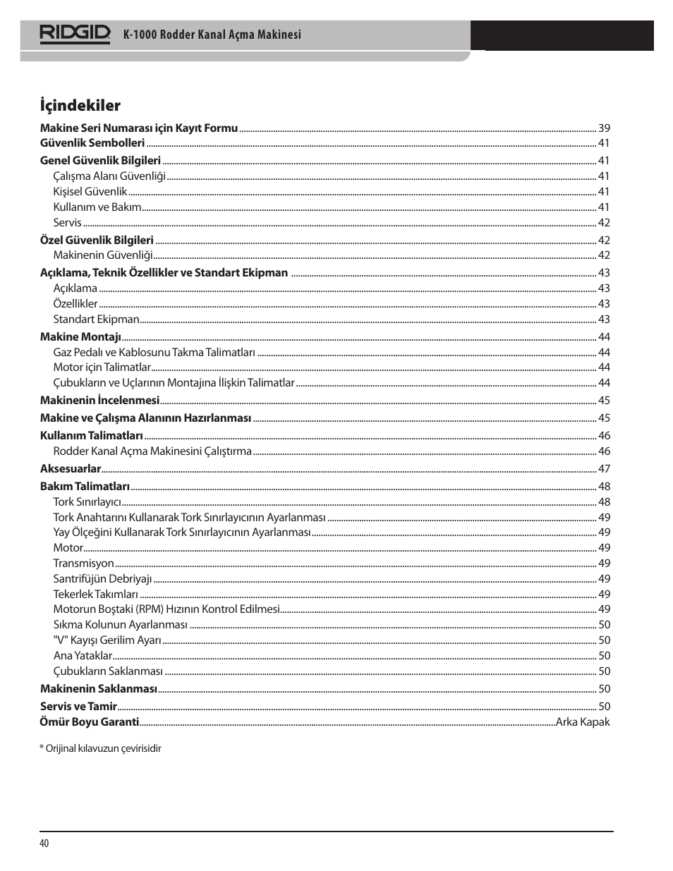 Içindekiler | RIDGID K-1000 User Manual | Page 40 / 66