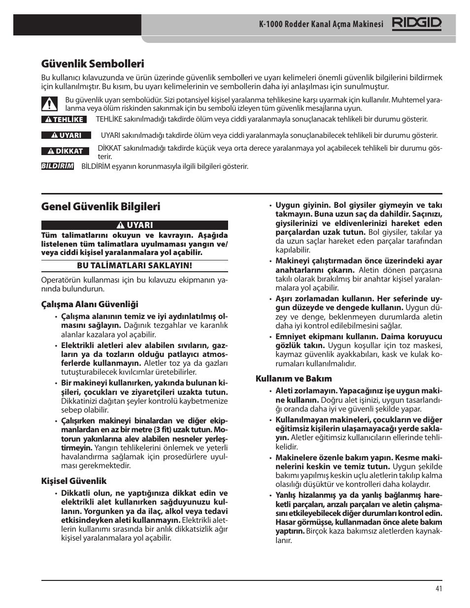 Güvenlik sembolleri, Genel güvenlik bilgileri | RIDGID K-1000 User Manual | Page 41 / 66