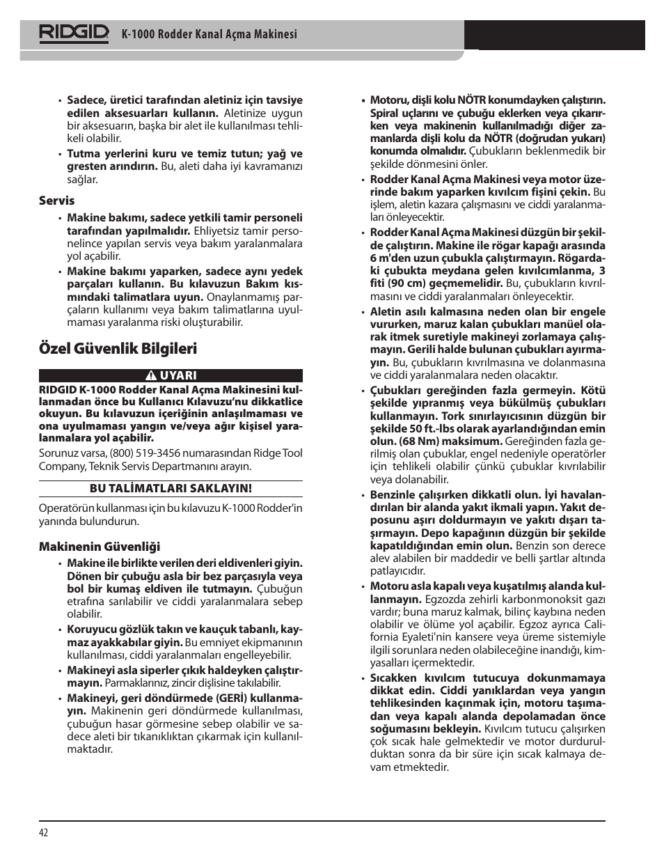 Özel güvenlik bilgileri | RIDGID K-1000 User Manual | Page 42 / 66