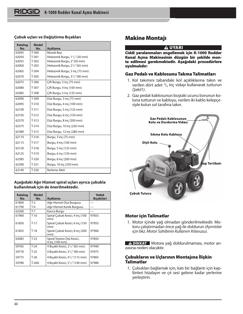 Makine montajı, K-1000 rodder kanal açma makinesi, Uyari | Gaz pedalı ve kablosunu takma talimatları, Motor için talimatlar, Çubuk uçları ve değiştirme bıçakları | RIDGID K-1000 User Manual | Page 44 / 66