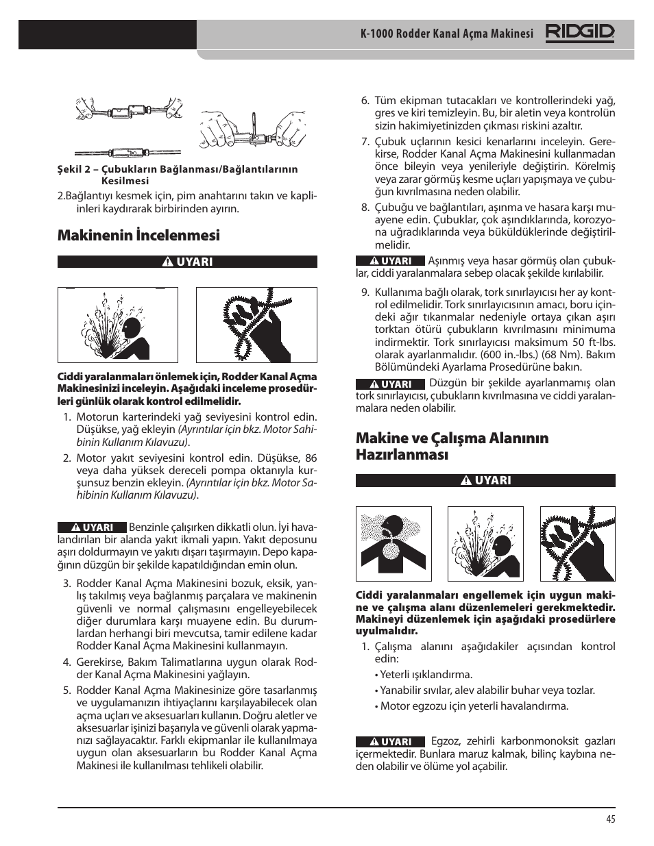 Makine ve çalışma alanının hazırlanması, Makinenin incelenmesi | RIDGID K-1000 User Manual | Page 45 / 66