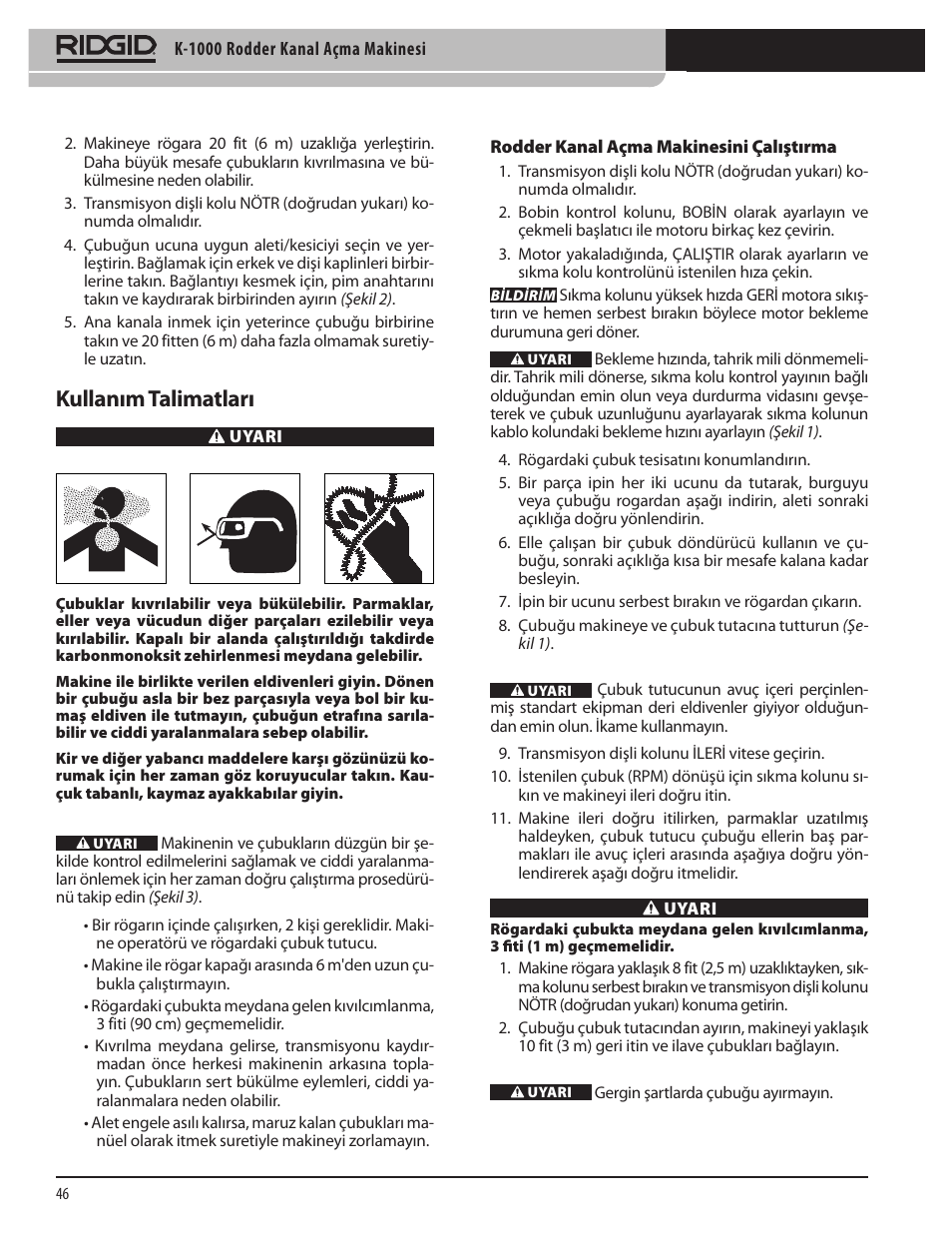 Kullanım talimatları | RIDGID K-1000 User Manual | Page 46 / 66