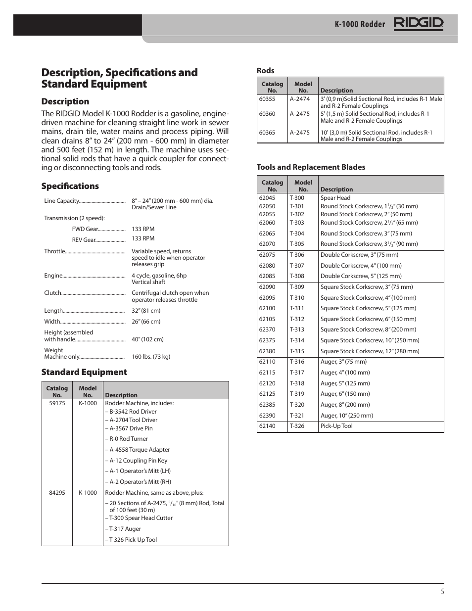 Description, specifications and standard equipment, K-1000 rodder, Description | Specifications, Standard equipment, Rods, Tools and replacement blades | RIDGID K-1000 User Manual | Page 5 / 66