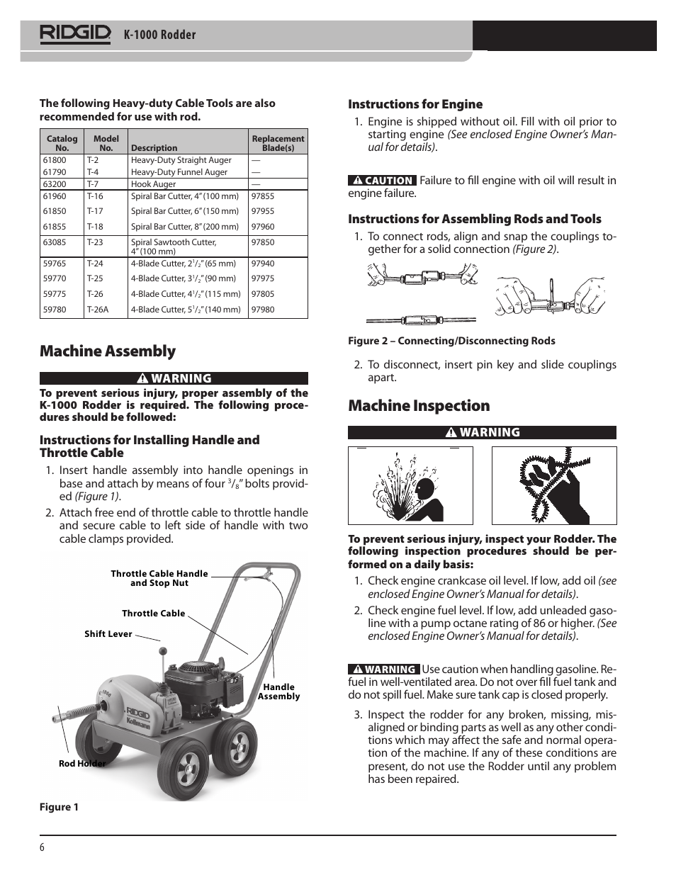 Machine assembly, Machine inspection, K-1000 rodder | Warning, Instructions for engine, Instructions for assembling rods and tools | RIDGID K-1000 User Manual | Page 6 / 66