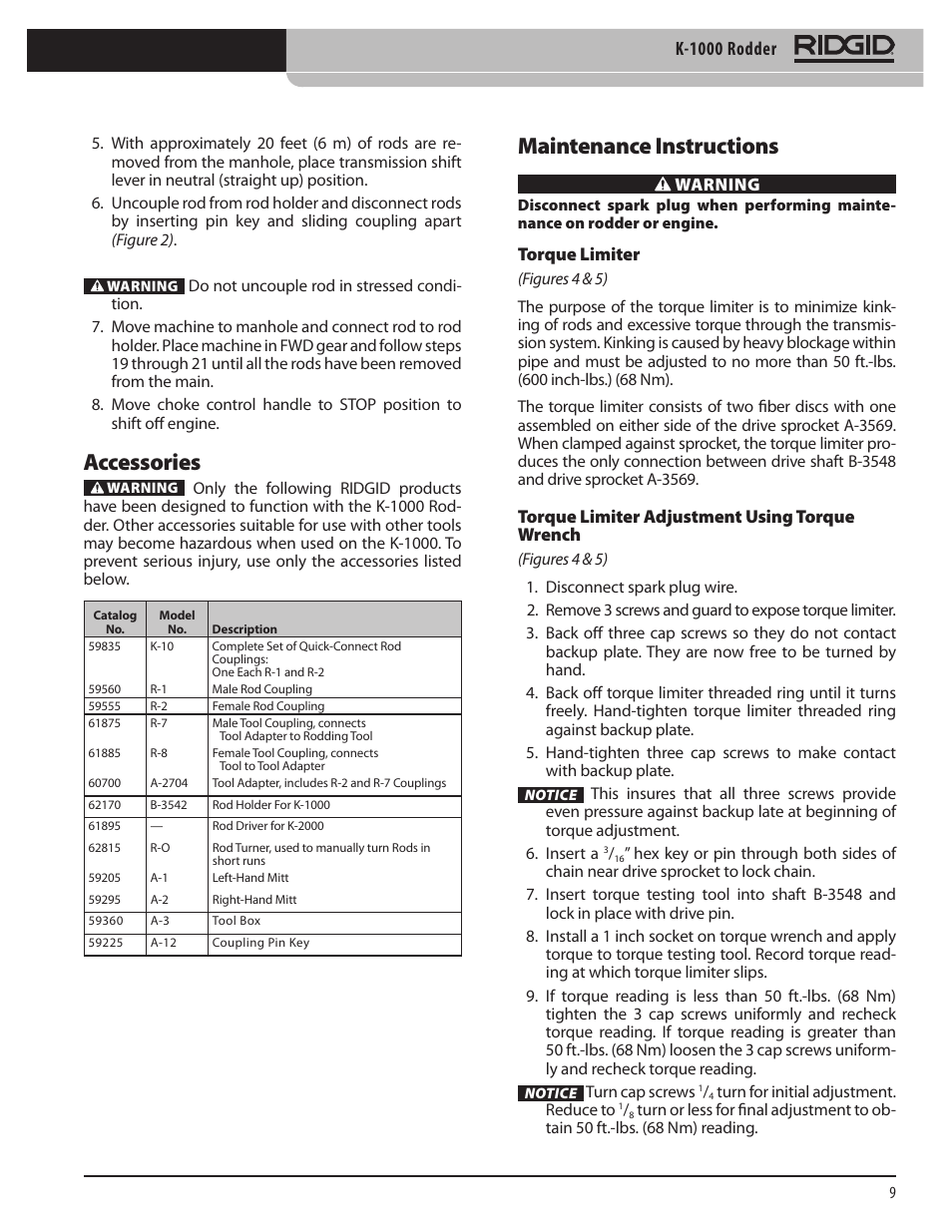 Accessories, Maintenance instructions, K-1000 rodder | RIDGID K-1000 User Manual | Page 9 / 66
