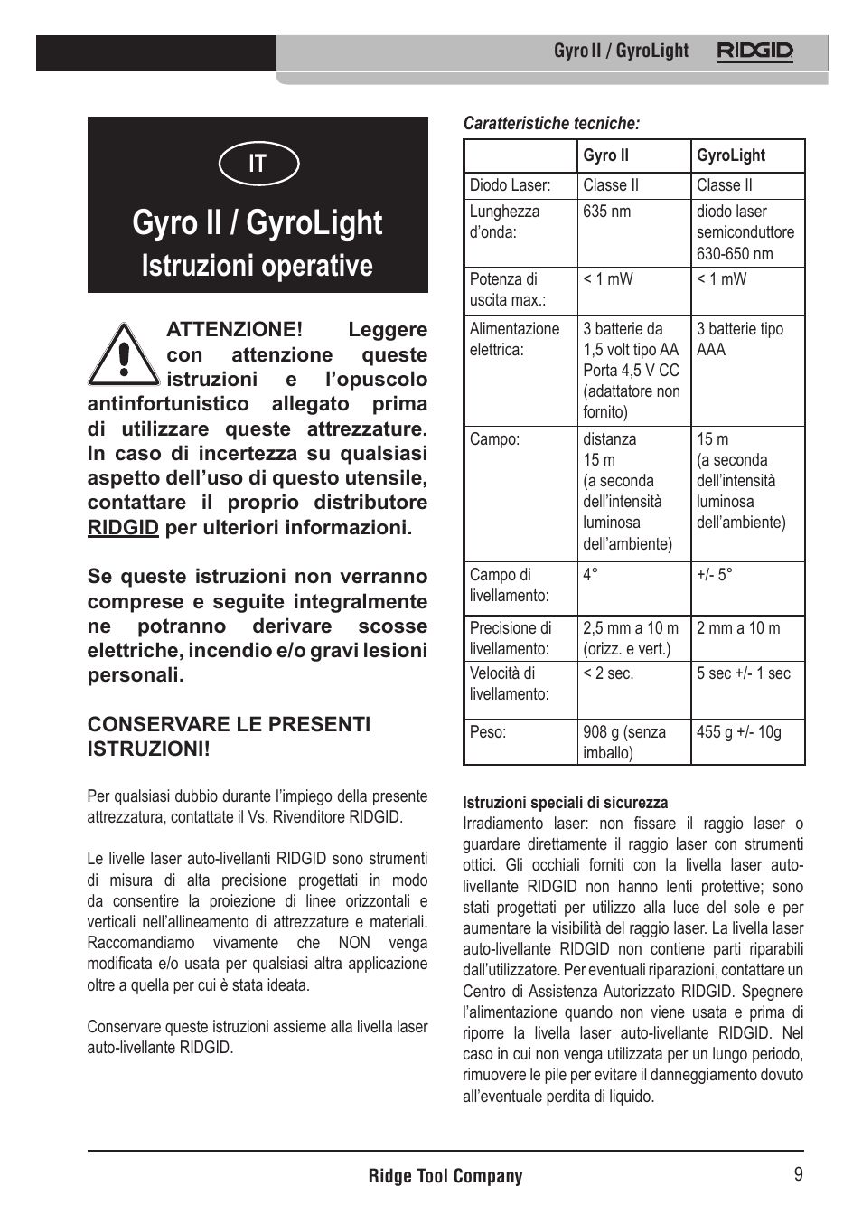 Gyro ii / gyrolight, Istruzioni operative | RIDGID Gyro II GyroLight User Manual | Page 10 / 42