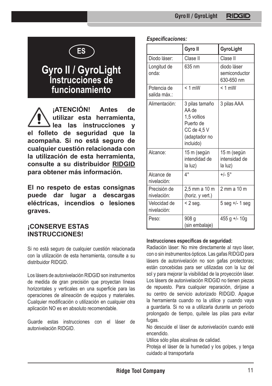 Gyro ii / gyrolight, Instrucciones de funcionamiento | RIDGID Gyro II GyroLight User Manual | Page 12 / 42