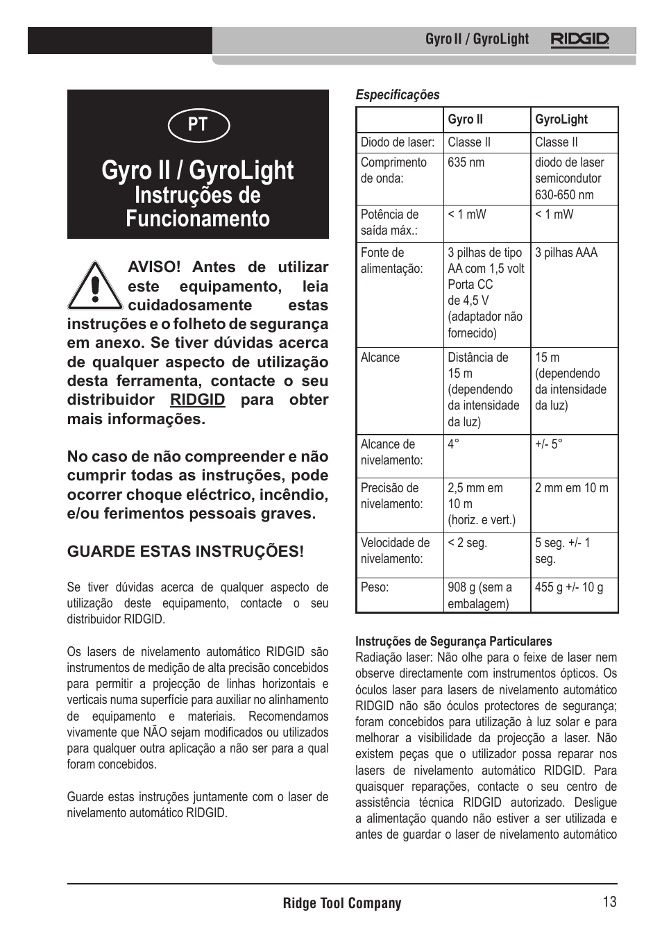 Gyro ii / gyrolight, Instruções de funcionamento | RIDGID Gyro II GyroLight User Manual | Page 14 / 42