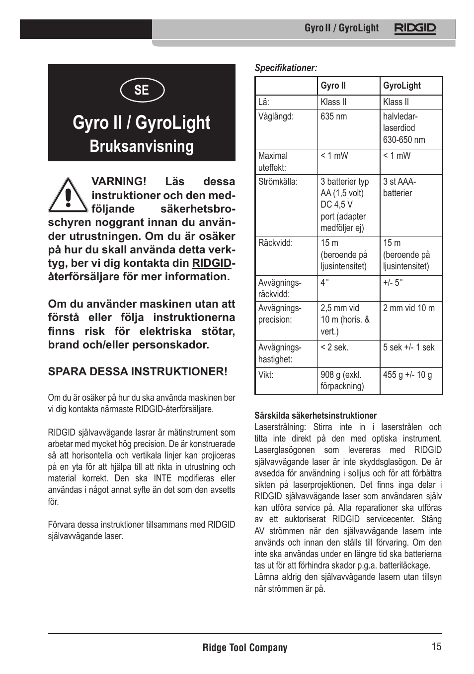 Gyro ii / gyrolight, Bruksanvisning | RIDGID Gyro II GyroLight User Manual | Page 16 / 42