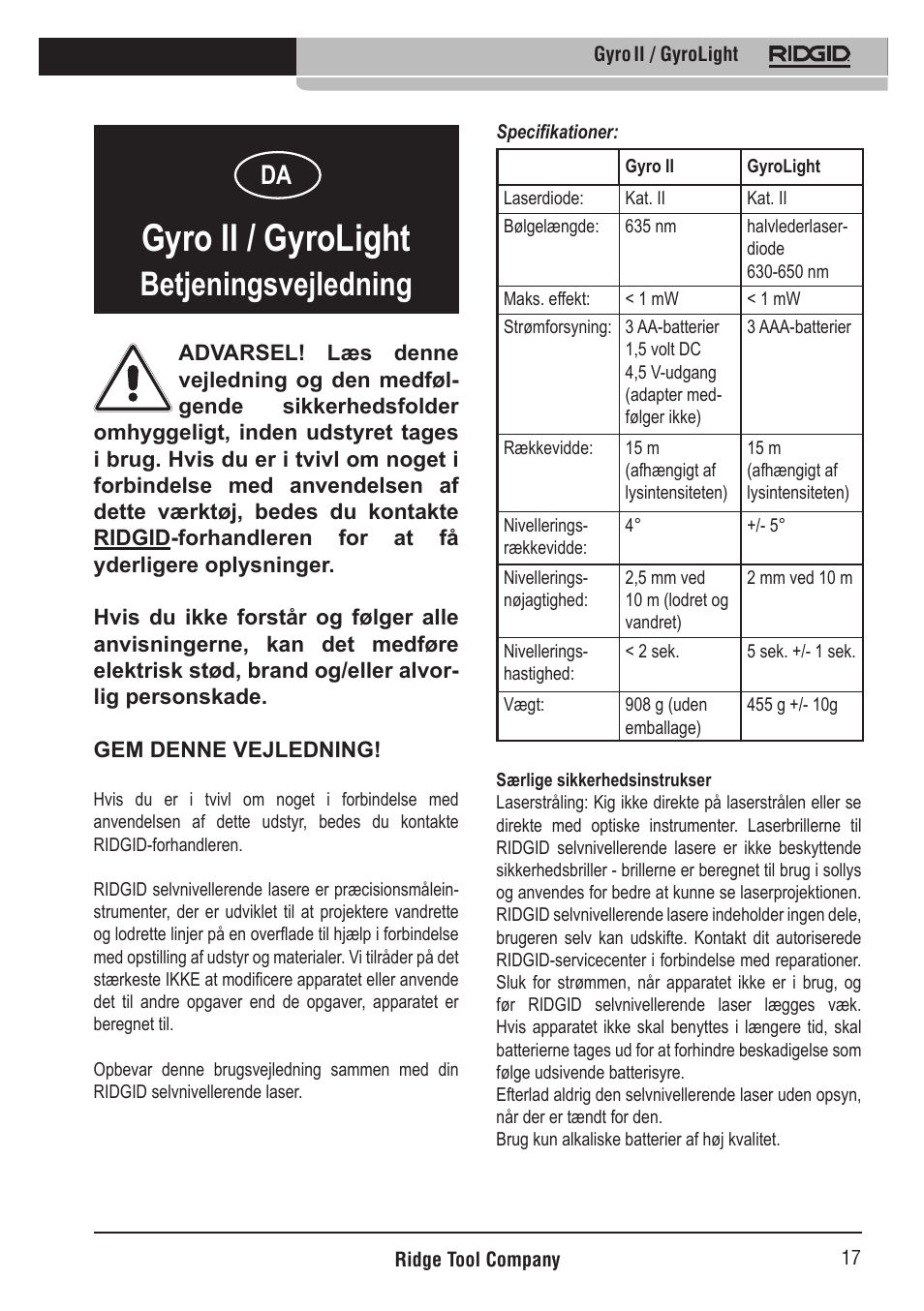 Gyro ii / gyrolight, Betjeningsvejledning | RIDGID Gyro II GyroLight User Manual | Page 18 / 42