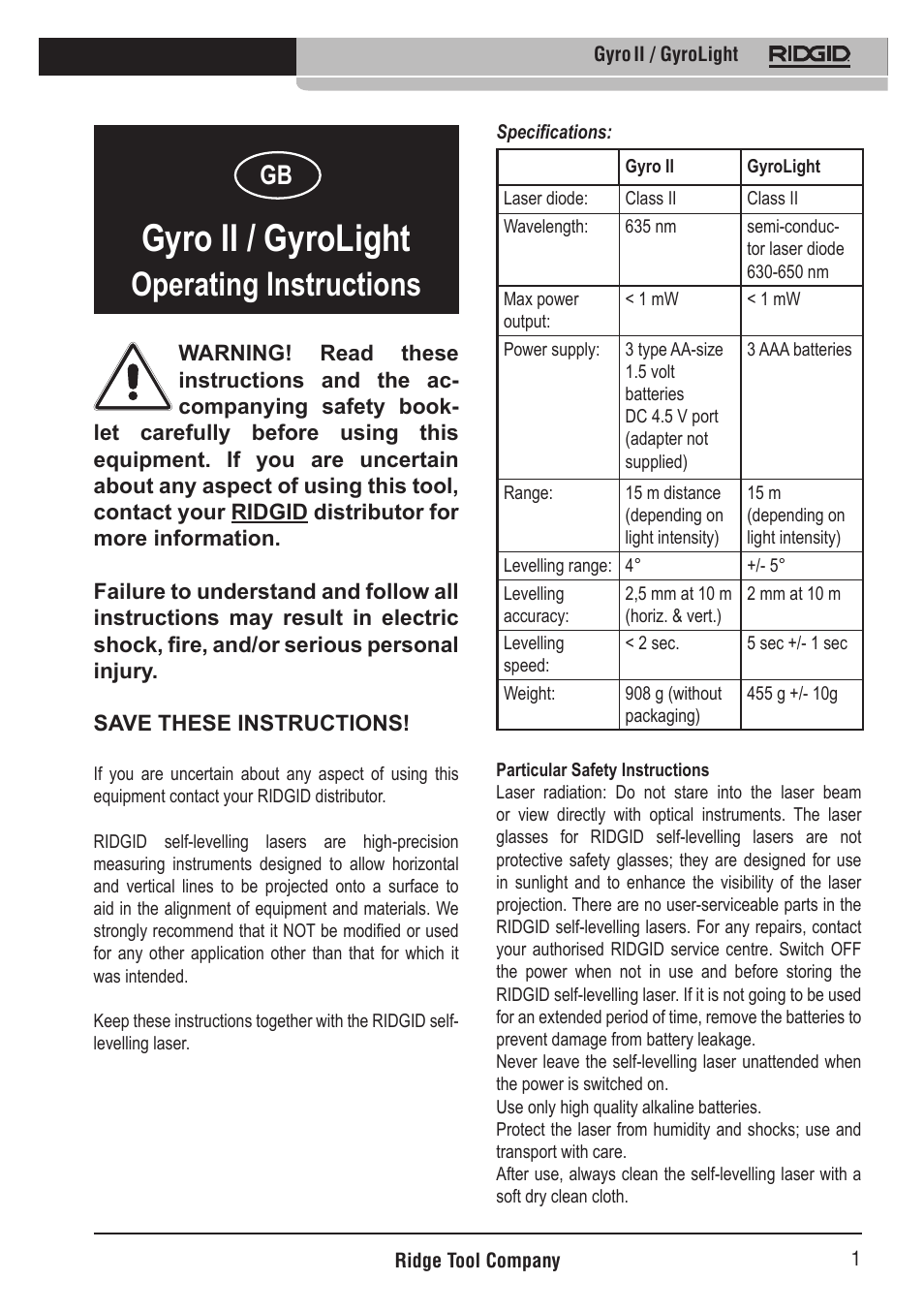 Gyro ii / gyrolight, Operating instructions | RIDGID Gyro II GyroLight User Manual | Page 2 / 42